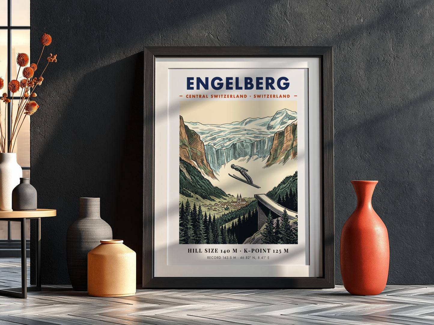 Poster featuring a ski jumper soaring over Engelberg, Switzerland with mountain and forest scenery.
