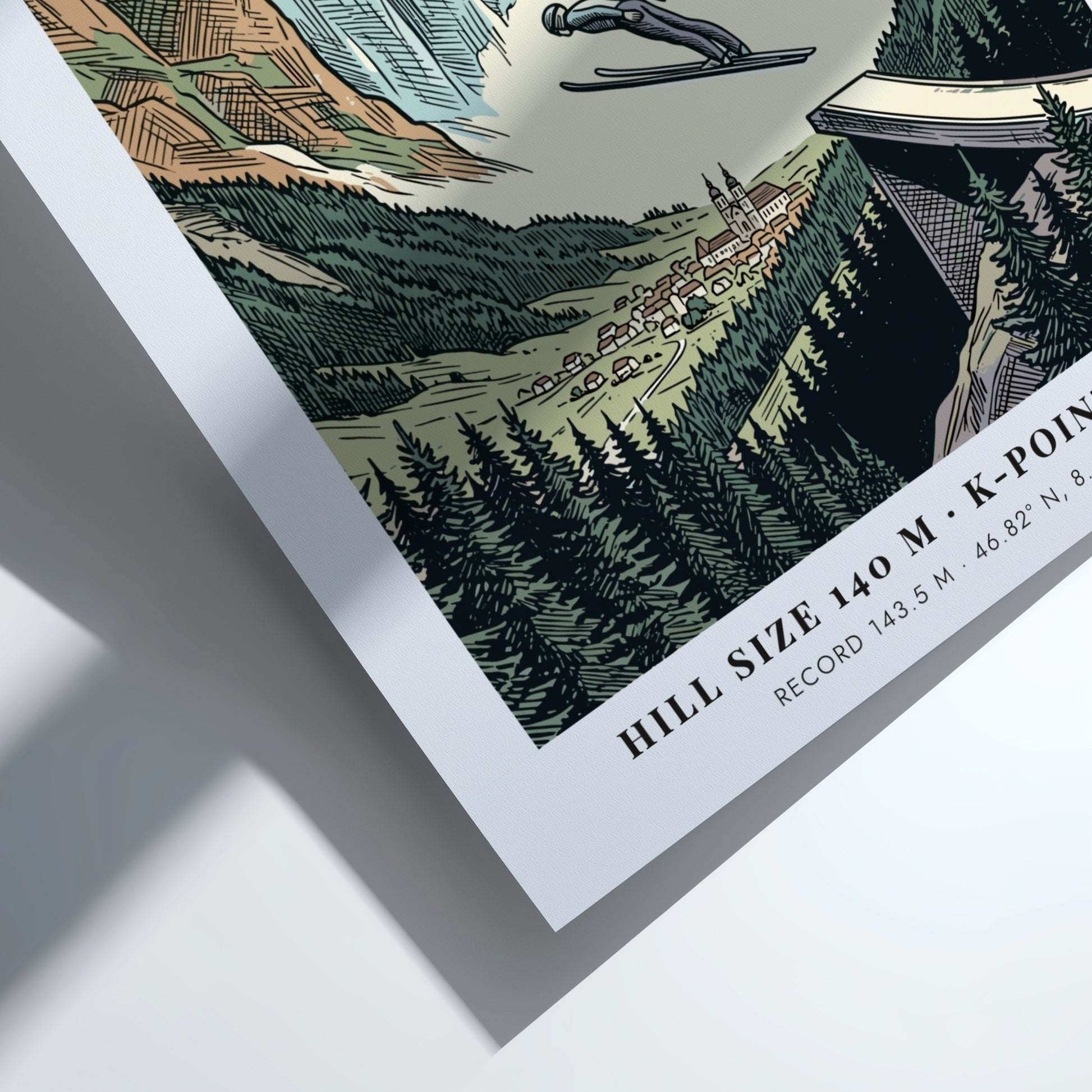 Poster featuring a ski jumper soaring over Engelberg, Switzerland with mountain and forest scenery.