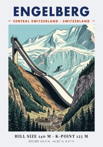 Vintage style ski jumping poster of Engelberg featuring a large jump and mountains.