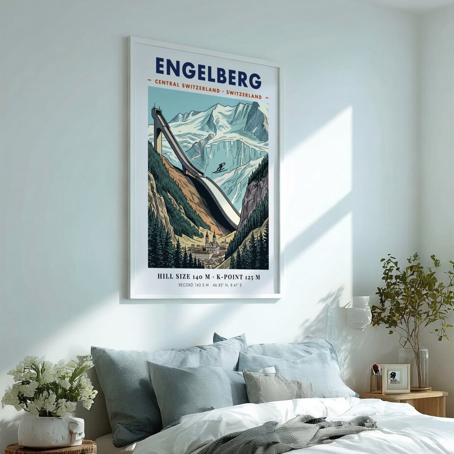 Vintage style ski jumping poster of Engelberg featuring a large jump and mountains.