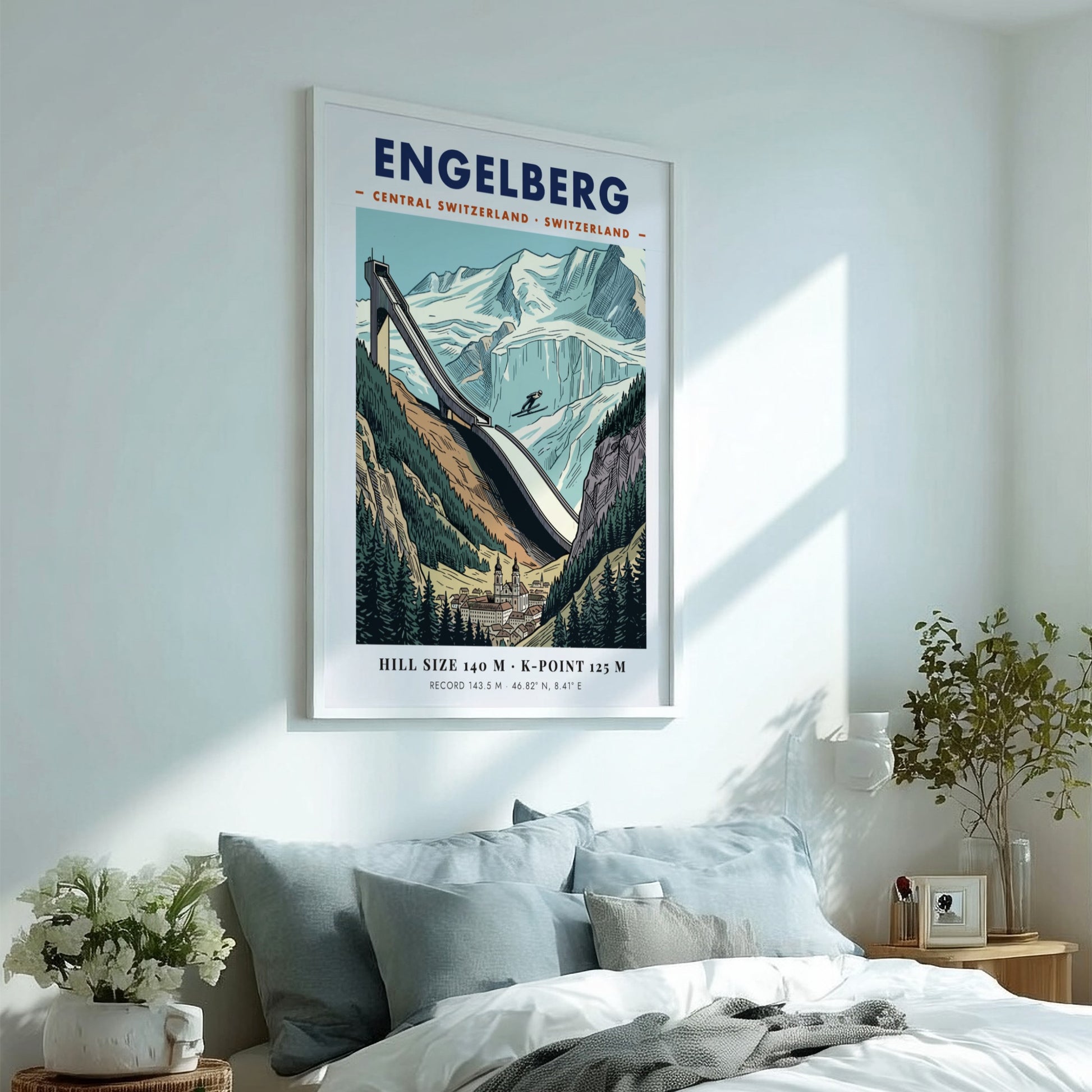 Vintage style ski jumping poster of Engelberg featuring a large jump and mountains.