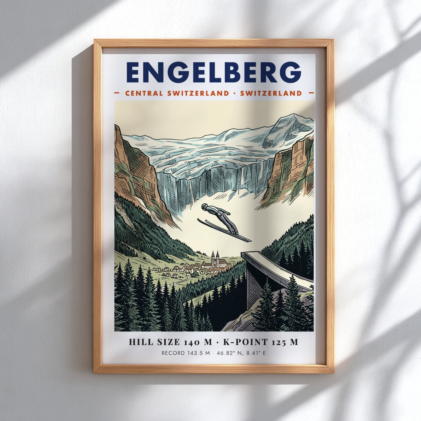 Poster featuring a ski jumper soaring over Engelberg, Switzerland with mountain and forest scenery.