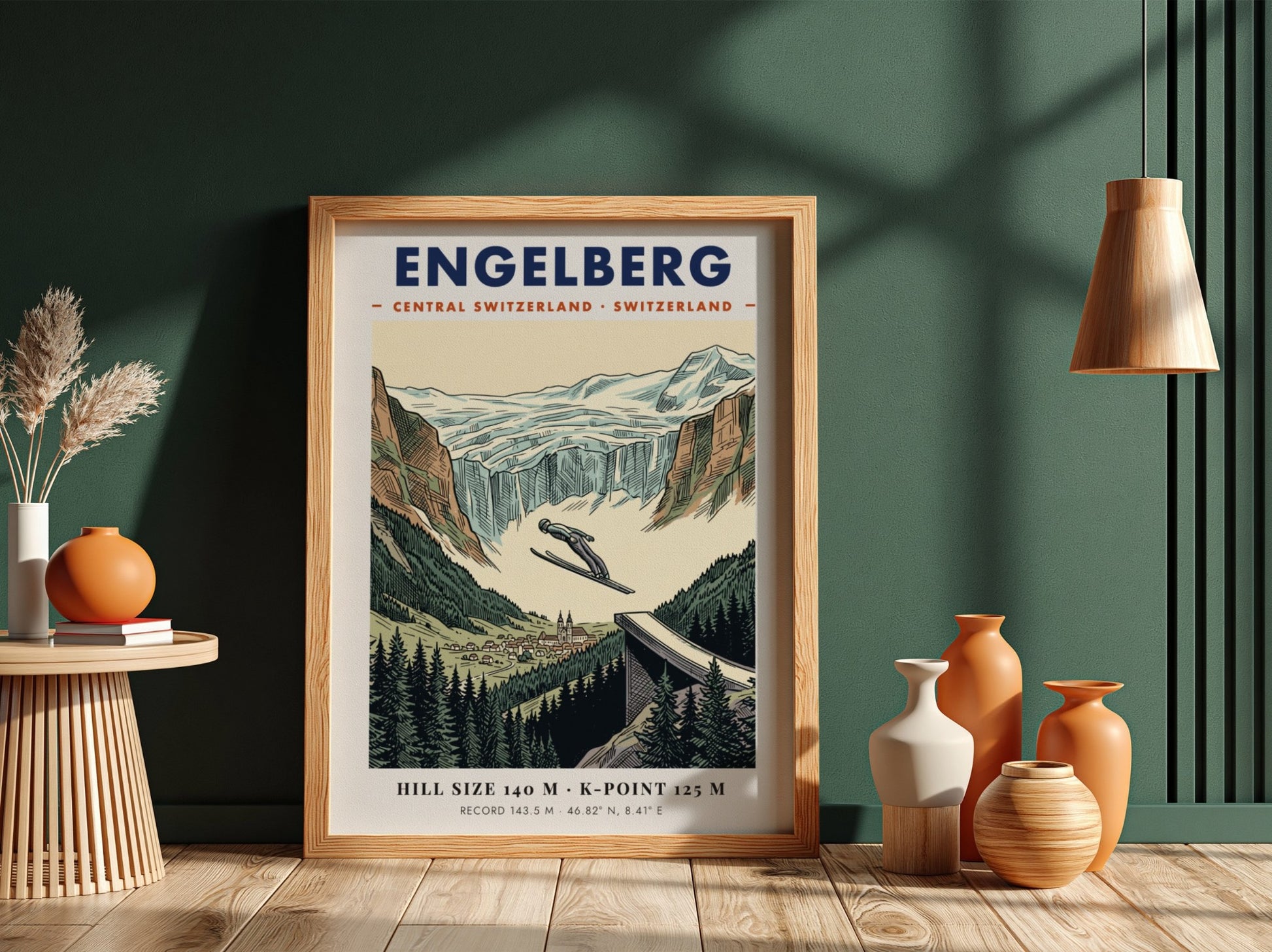 Poster featuring a ski jumper soaring over Engelberg, Switzerland with mountain and forest scenery.