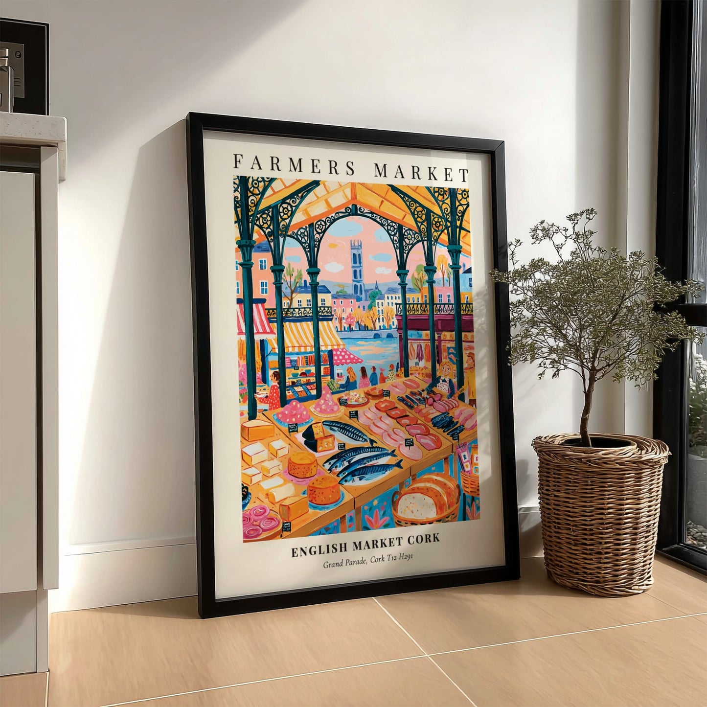 Farmers market poster featuring colorful produce and fish in Cork's English Market