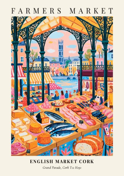Farmers market poster featuring colorful produce and fish in Cork's English Market