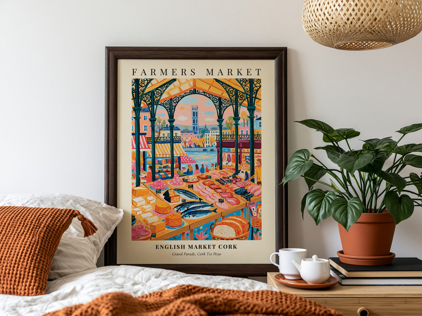 Farmers market poster featuring colorful produce and fish in Cork's English Market
