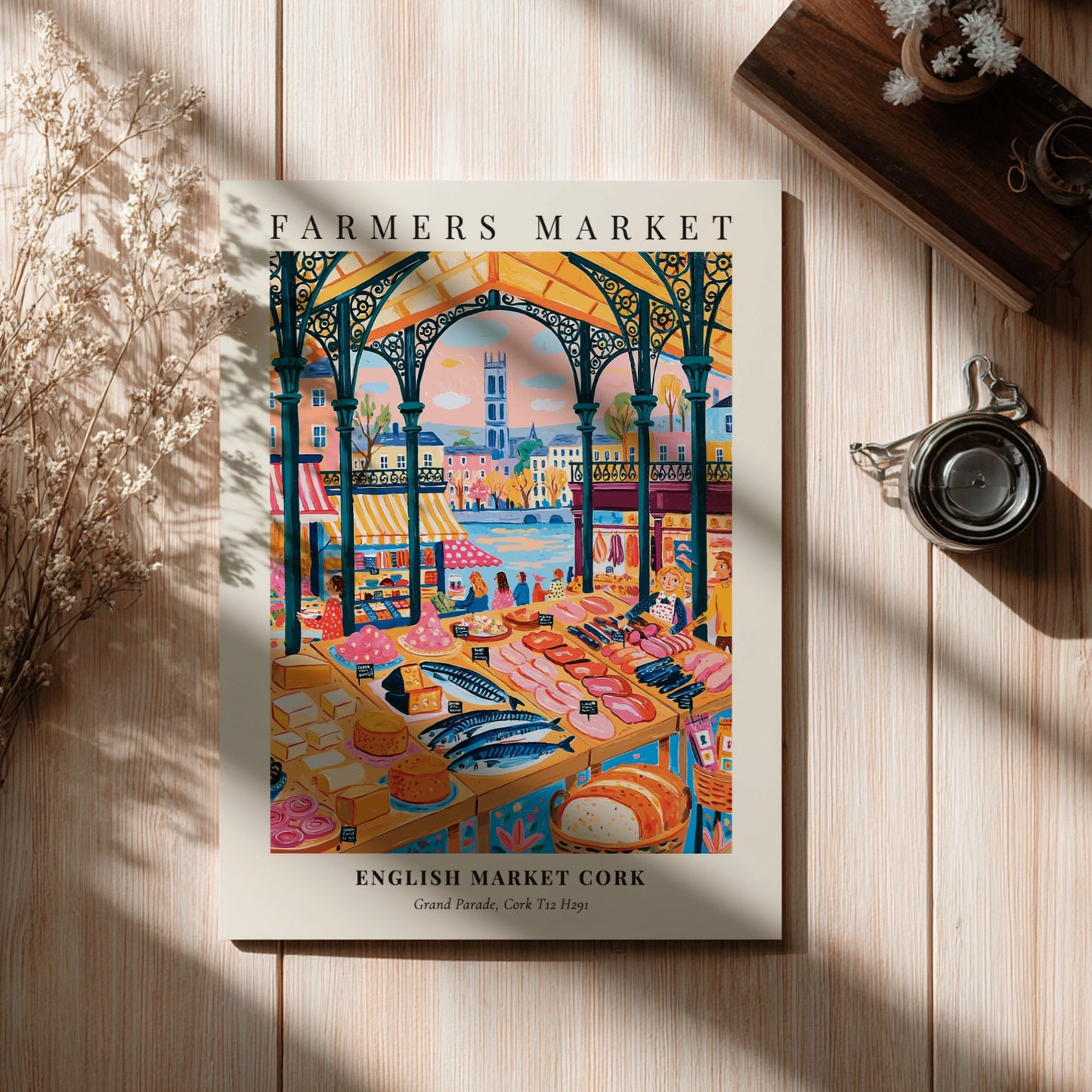 Farmers market poster featuring colorful produce and fish in Cork's English Market