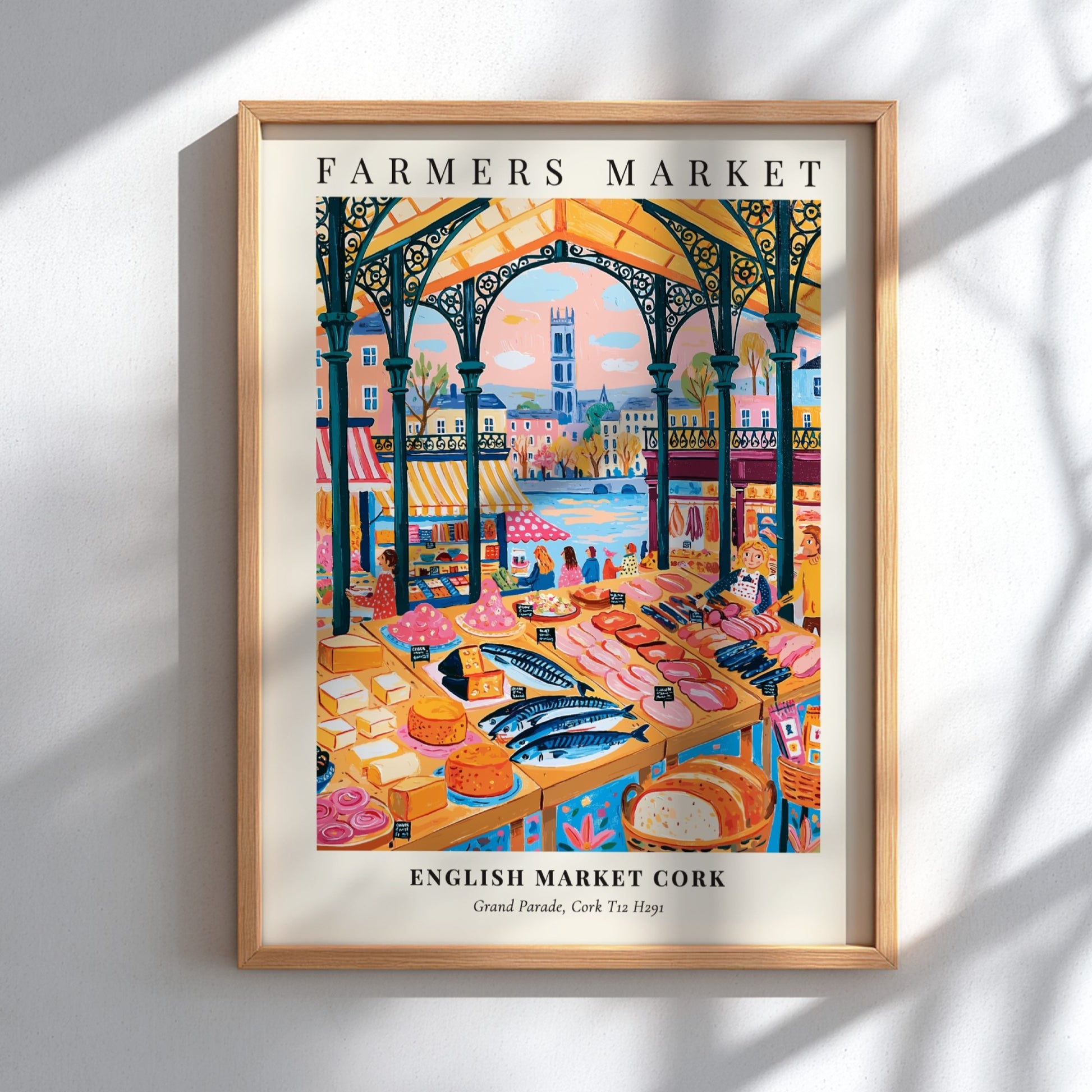Farmers market poster featuring colorful produce and fish in Cork's English Market