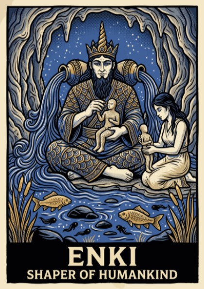 Poster featuring Enki the water god crafting humans inside a blue cavernous setting