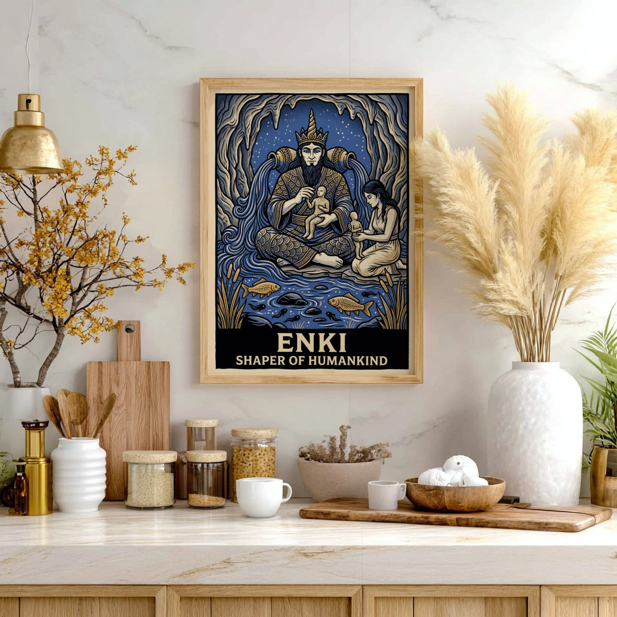 Poster featuring Enki the water god crafting humans inside a blue cavernous setting