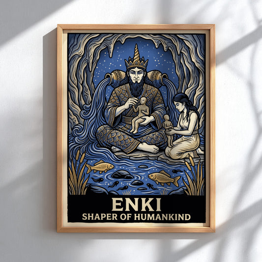 Poster featuring Enki the water god crafting humans inside a blue cavernous setting