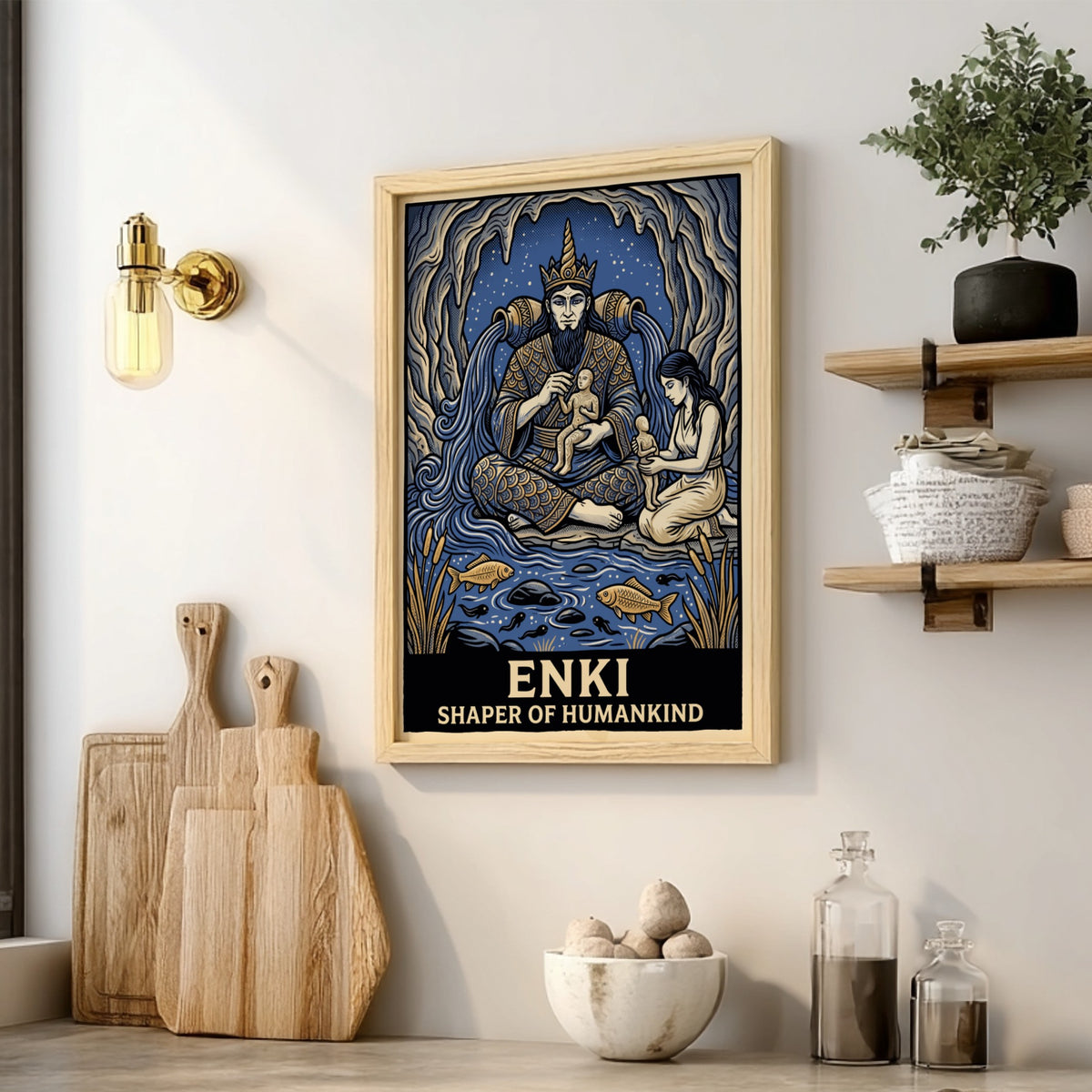Poster featuring Enki the water god crafting humans inside a blue cavernous setting