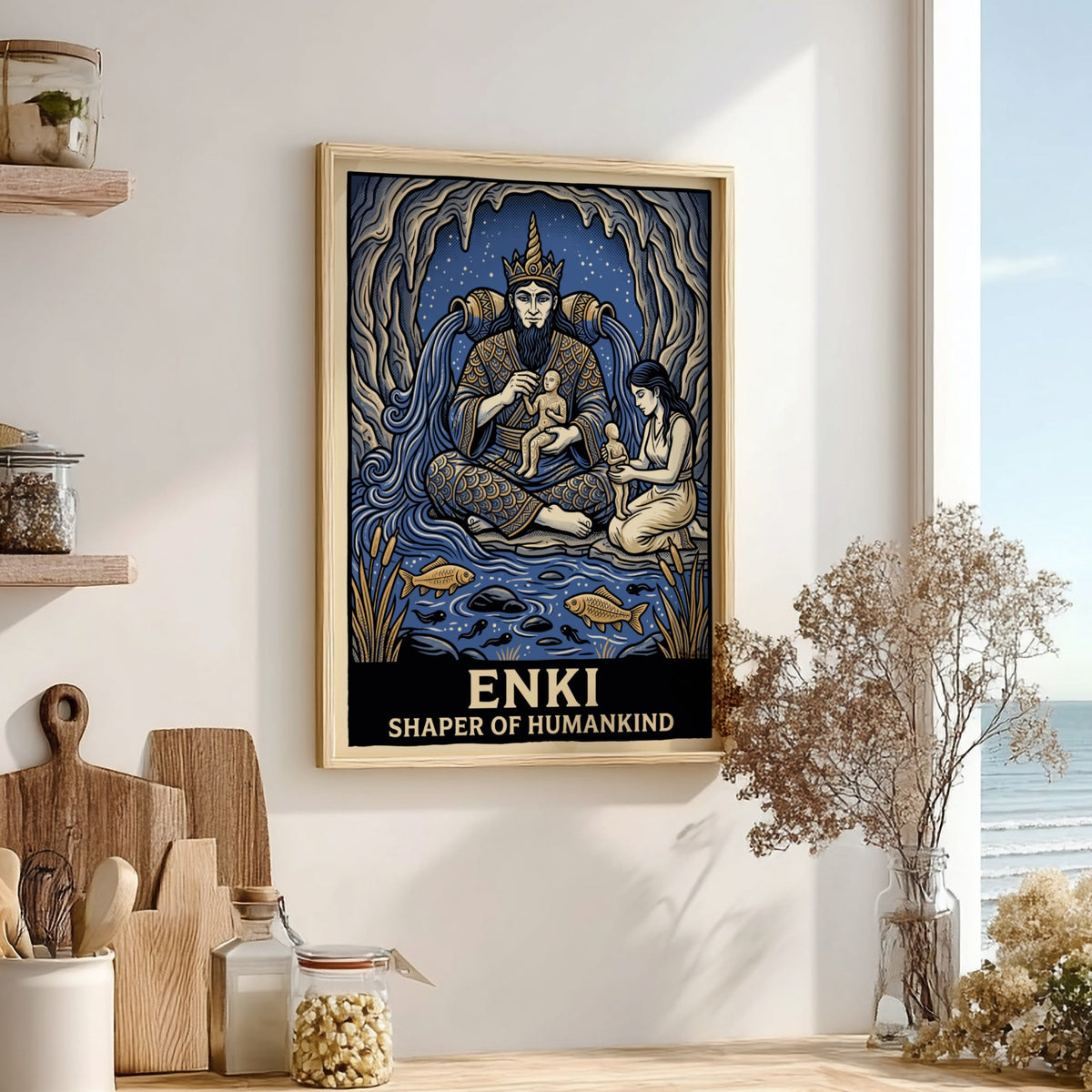 Poster featuring Enki the water god crafting humans inside a blue cavernous setting