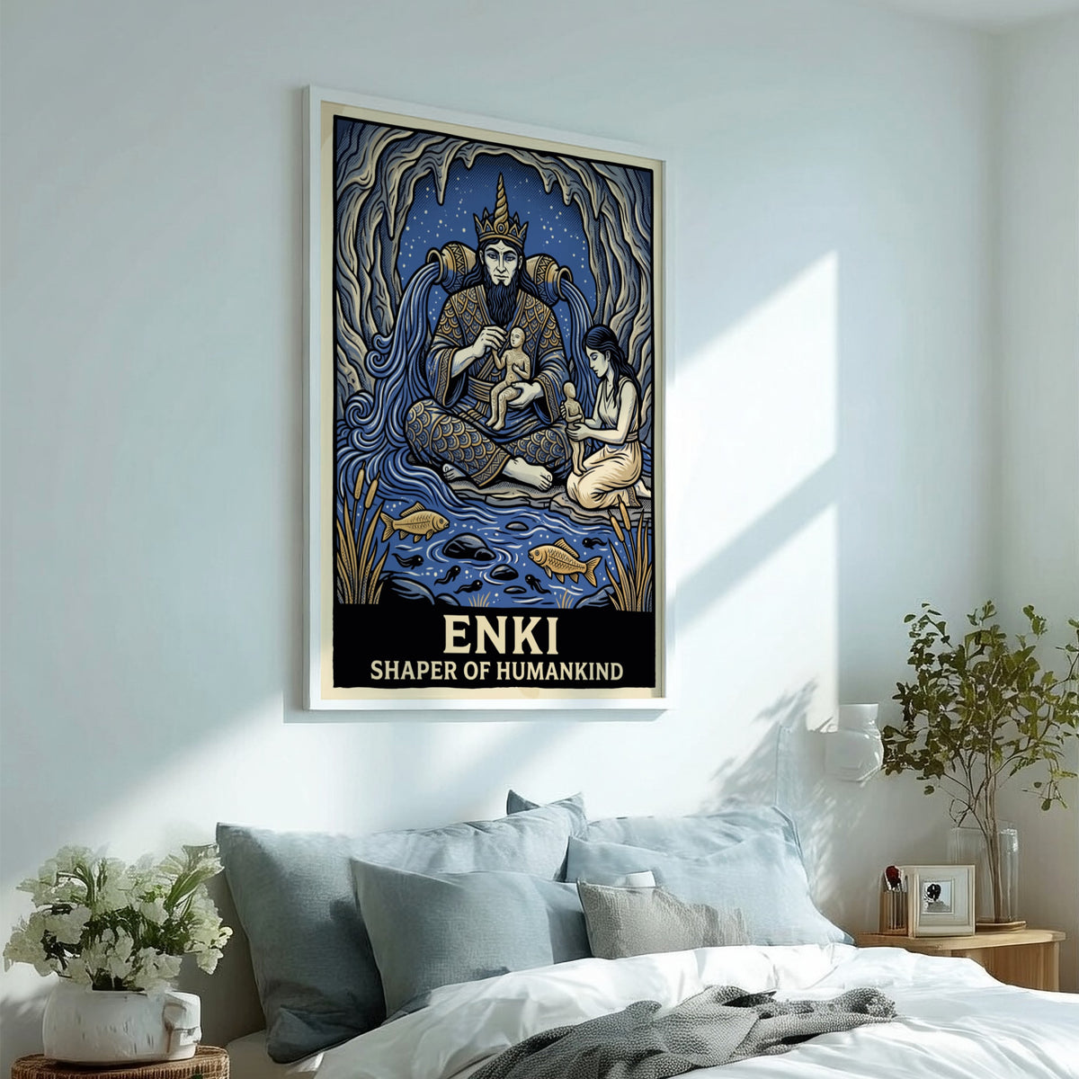 Poster featuring Enki the water god crafting humans inside a blue cavernous setting
