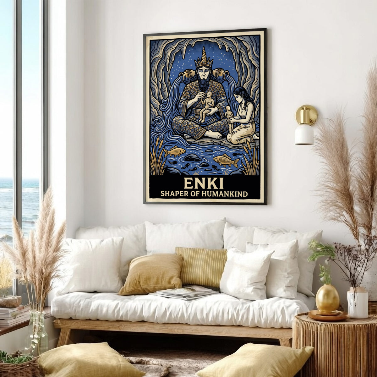 Poster featuring Enki the water god crafting humans inside a blue cavernous setting