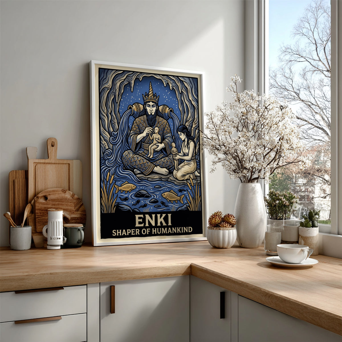 Poster featuring Enki the water god crafting humans inside a blue cavernous setting