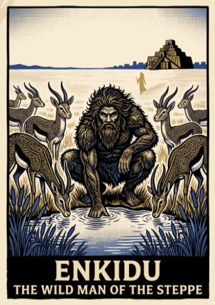 Enkidu wild man of the steppe poster with gazelles and a ziggurat background