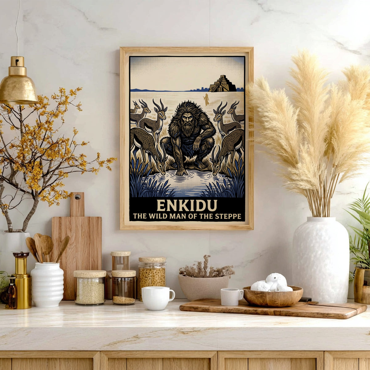 Enkidu wild man of the steppe poster with gazelles and a ziggurat background