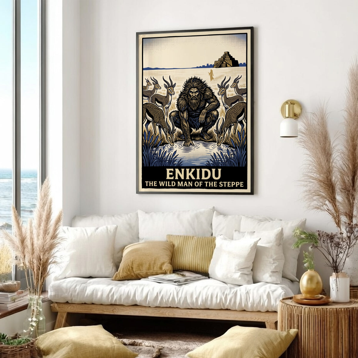 Enkidu wild man of the steppe poster with gazelles and a ziggurat background