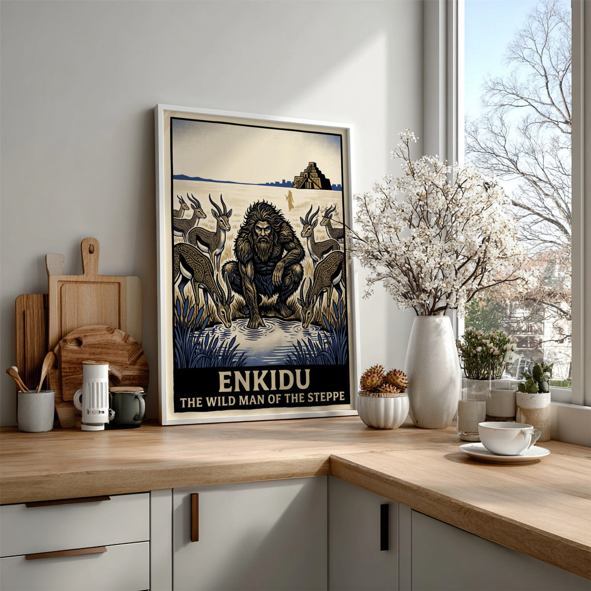 Enkidu wild man of the steppe poster with gazelles and a ziggurat background