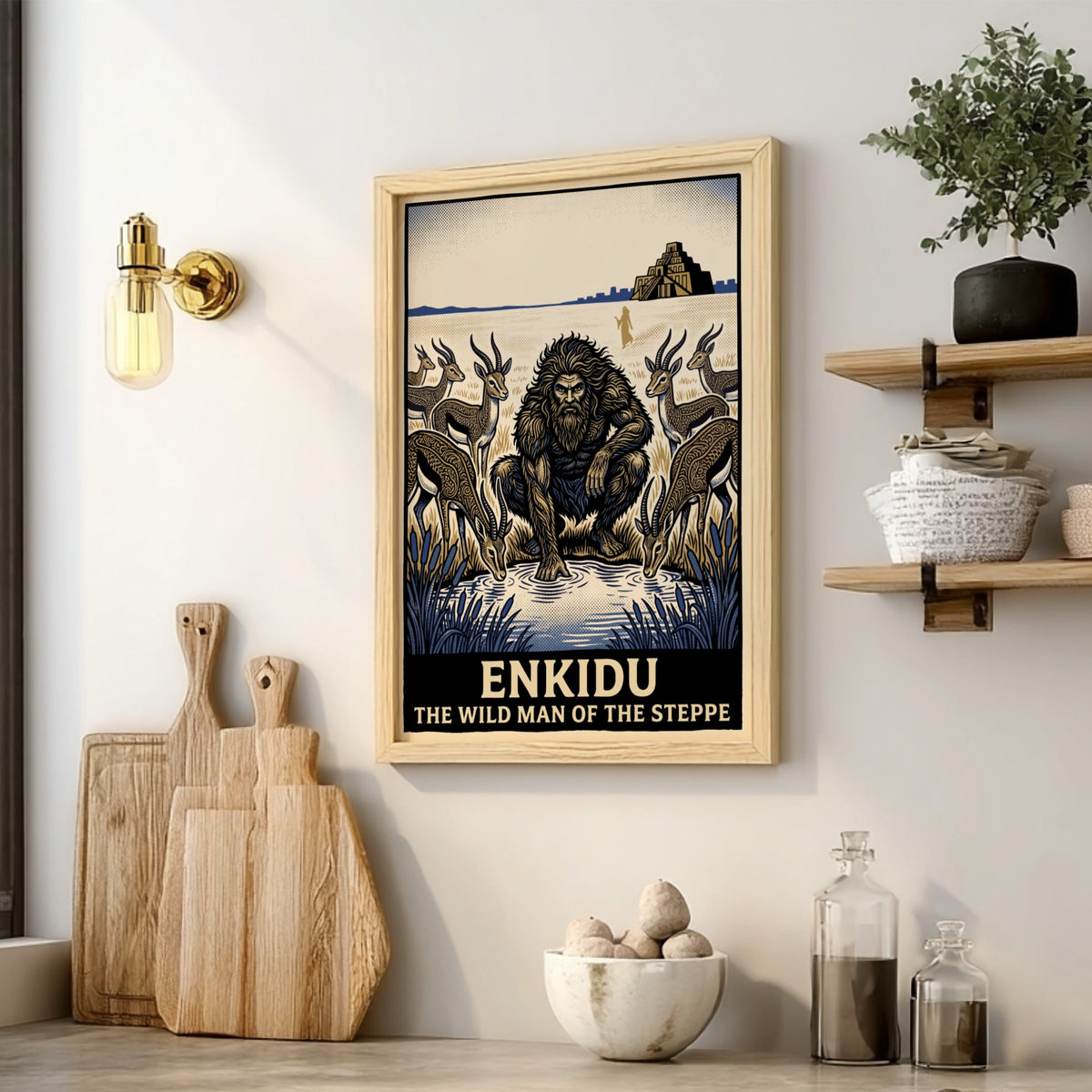 Enkidu wild man of the steppe poster with gazelles and a ziggurat background