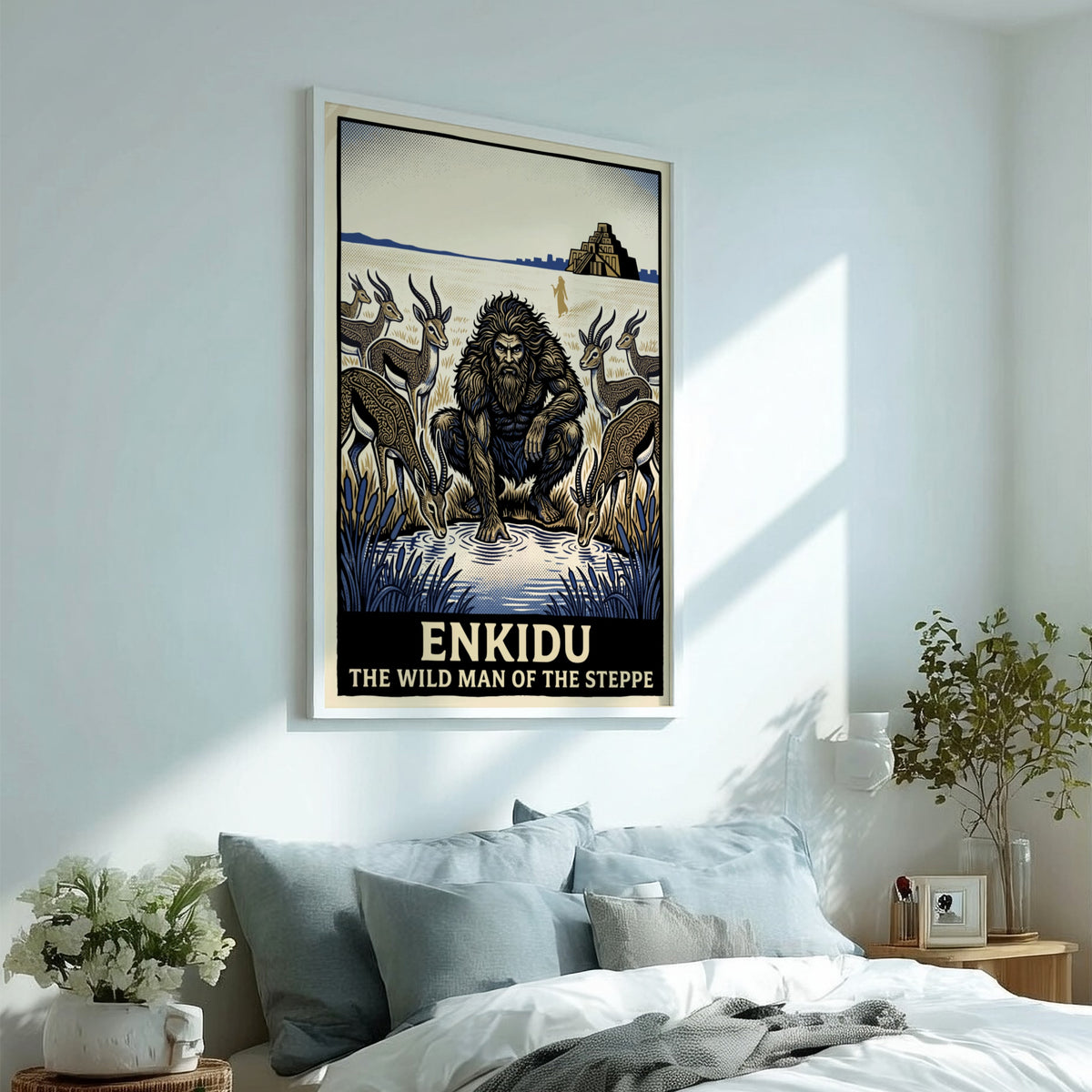 Enkidu wild man of the steppe poster with gazelles and a ziggurat background