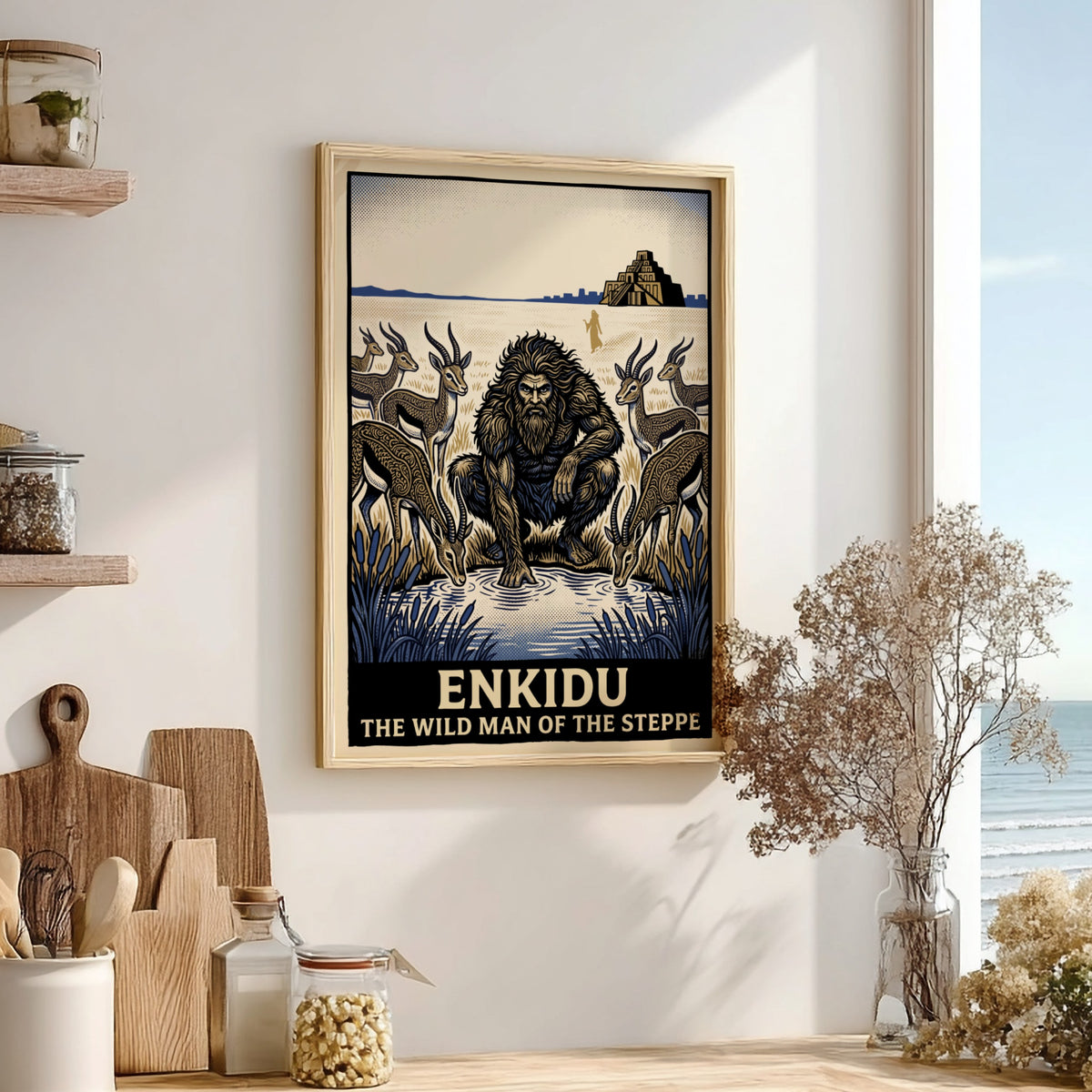 Enkidu wild man of the steppe poster with gazelles and a ziggurat background