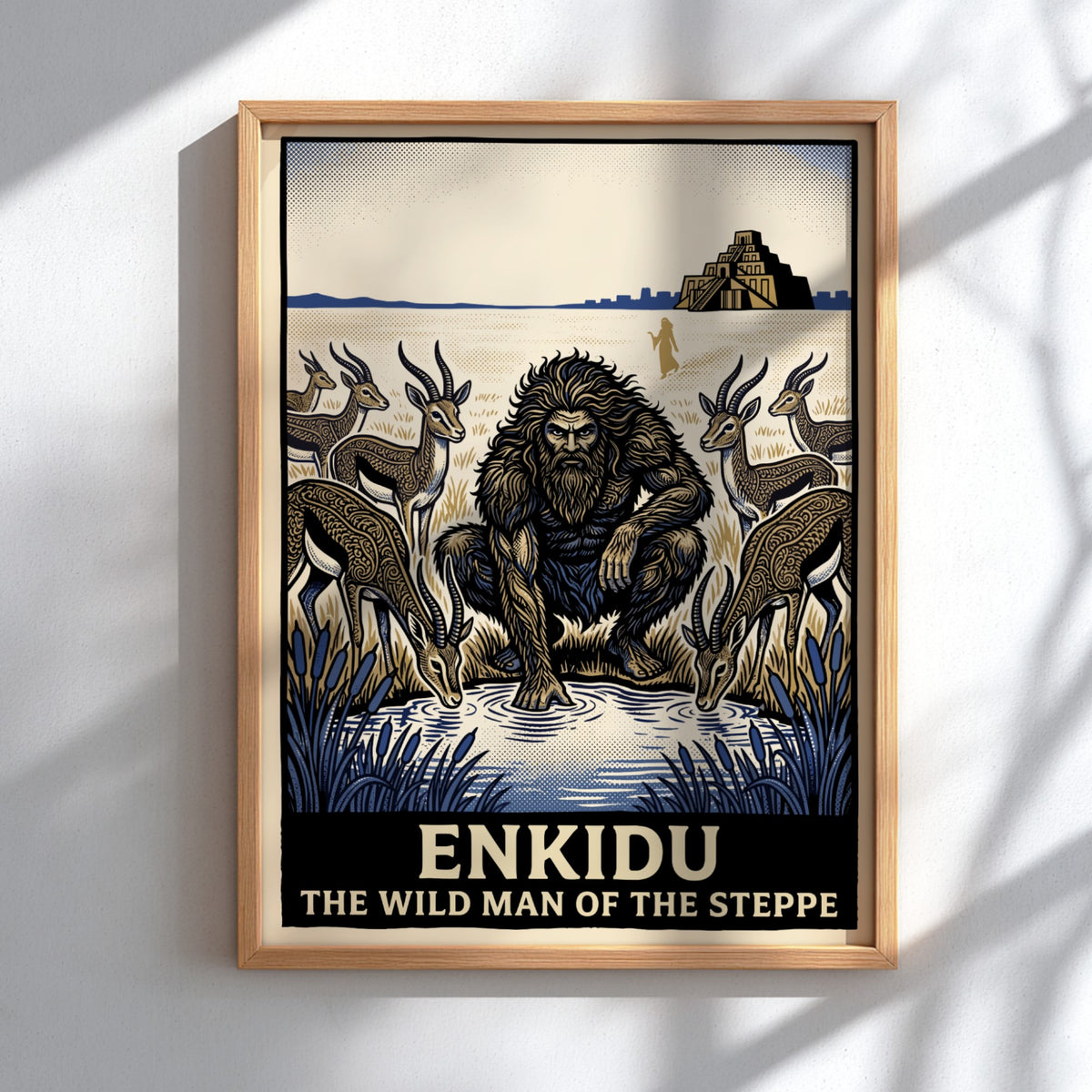 Enkidu wild man of the steppe poster with gazelles and a ziggurat background