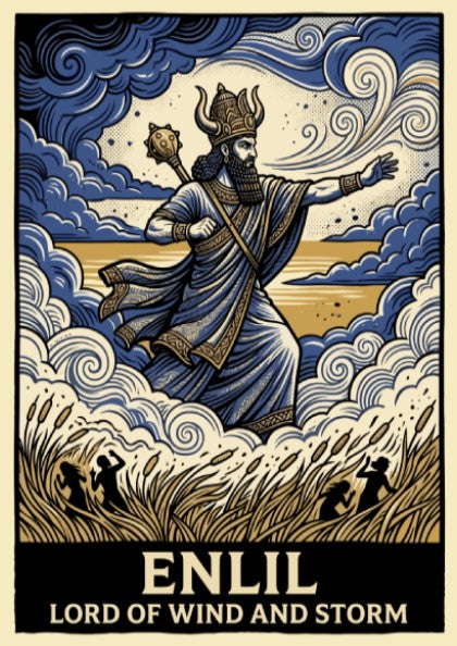 Poster featuring Enlil the Lord of Wind and Storm in blue and gold.