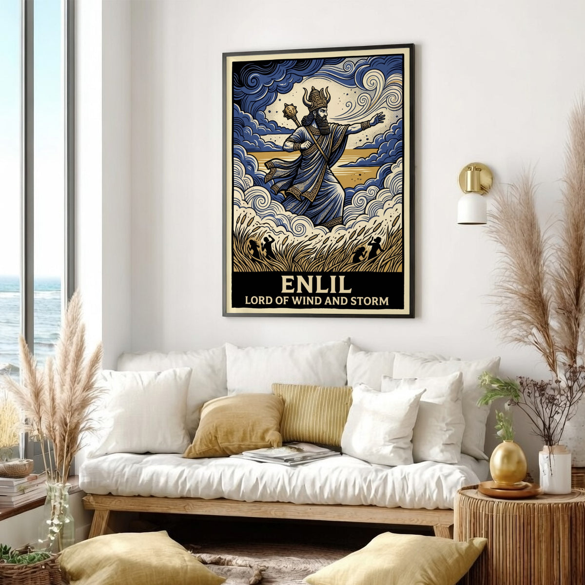 Poster featuring Enlil the Lord of Wind and Storm in blue and gold.
