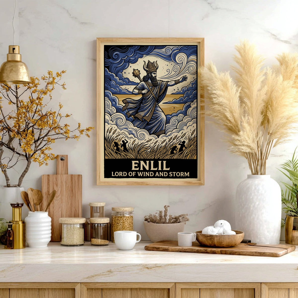 Poster featuring Enlil the Lord of Wind and Storm in blue and gold.
