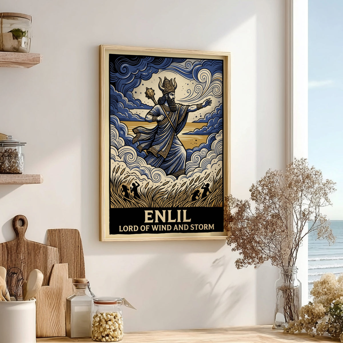 Poster featuring Enlil the Lord of Wind and Storm in blue and gold.