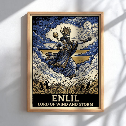 Poster featuring Enlil the Lord of Wind and Storm in blue and gold.
