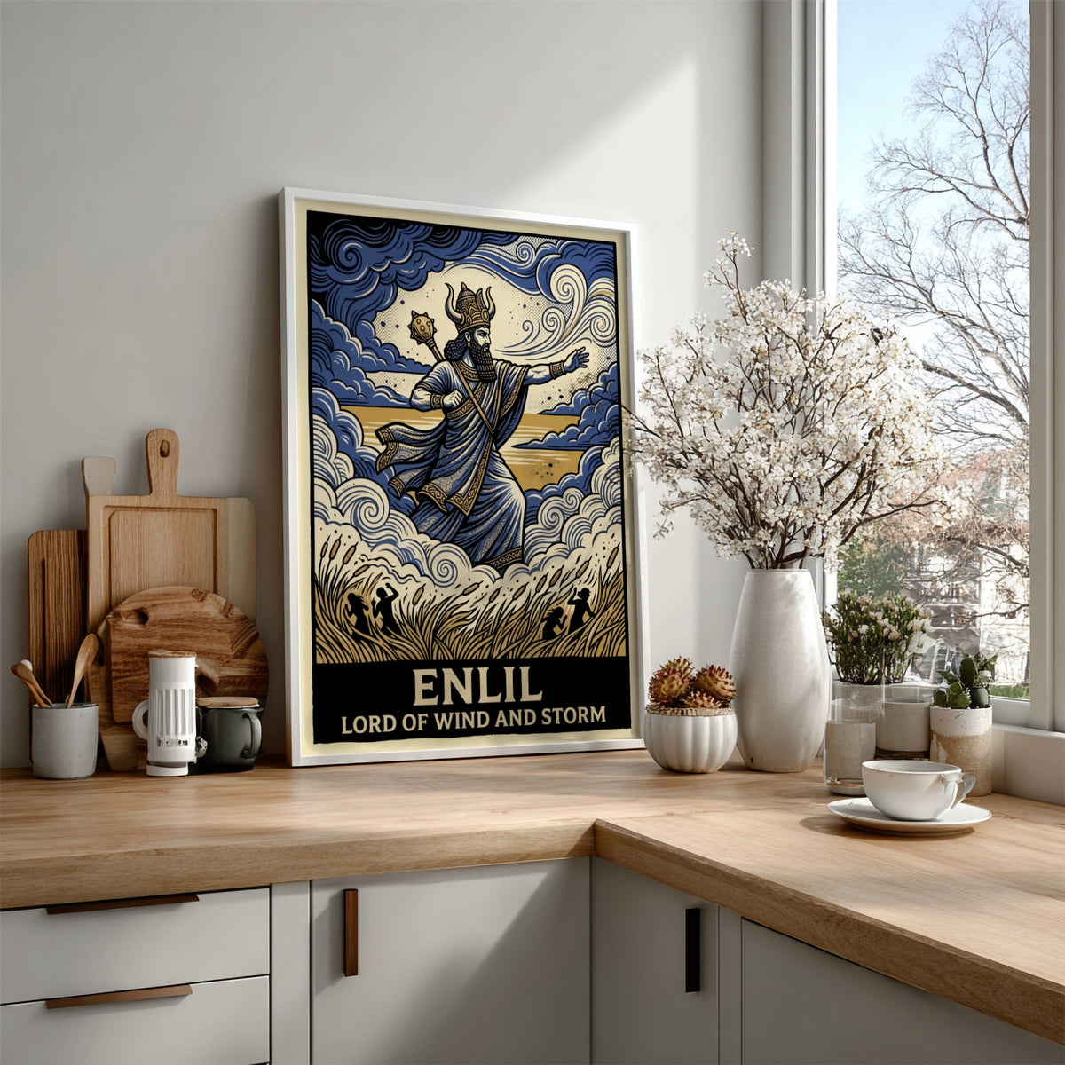 Poster featuring Enlil the Lord of Wind and Storm in blue and gold.