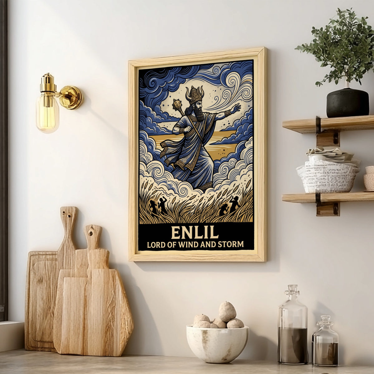 Poster featuring Enlil the Lord of Wind and Storm in blue and gold.