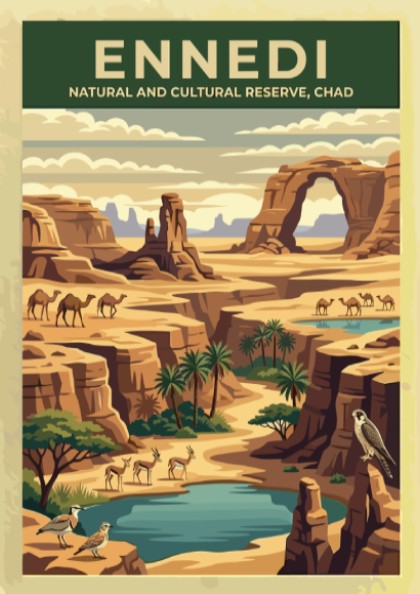 Ennedi poster featuring a desert landscape with warm tones and rock formations, perfect for wall decor.