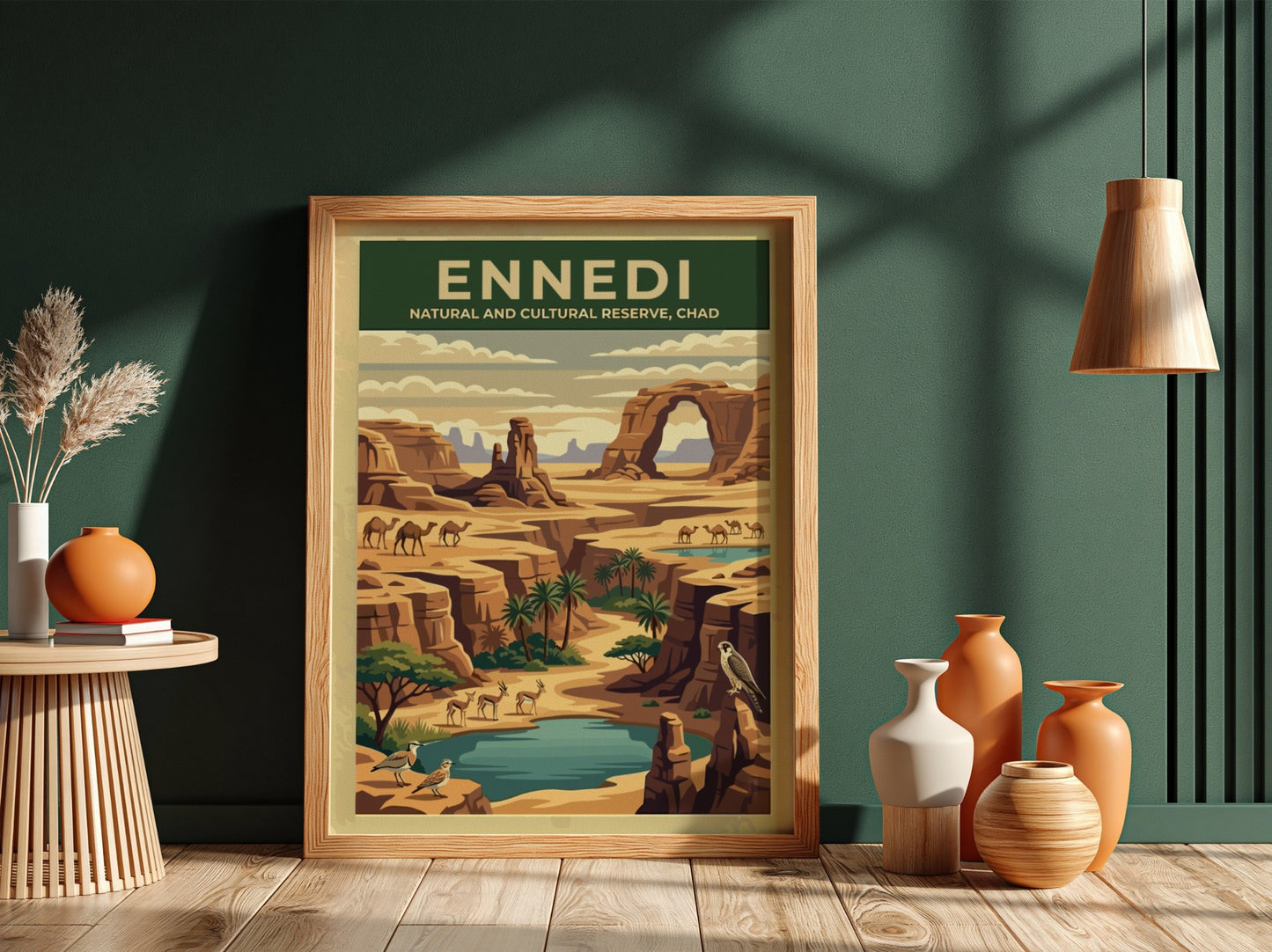 Ennedi poster featuring a desert landscape with warm tones and rock formations, perfect for wall decor.