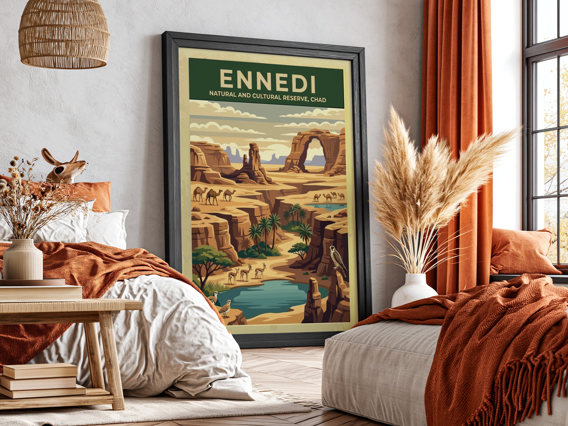 Ennedi poster featuring a desert landscape with warm tones and rock formations, perfect for wall decor.