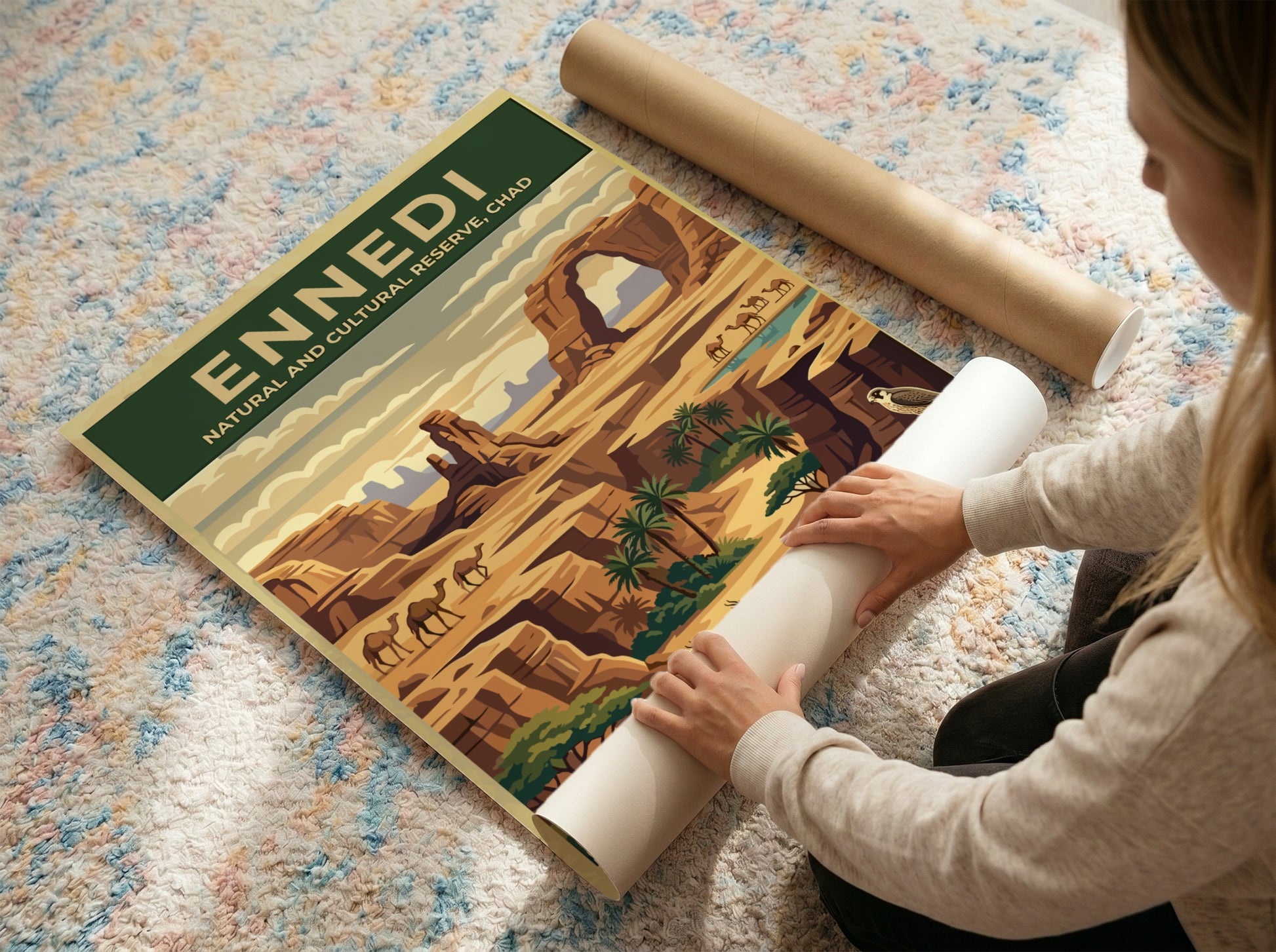 Ennedi poster featuring a desert landscape with warm tones and rock formations, perfect for wall decor.