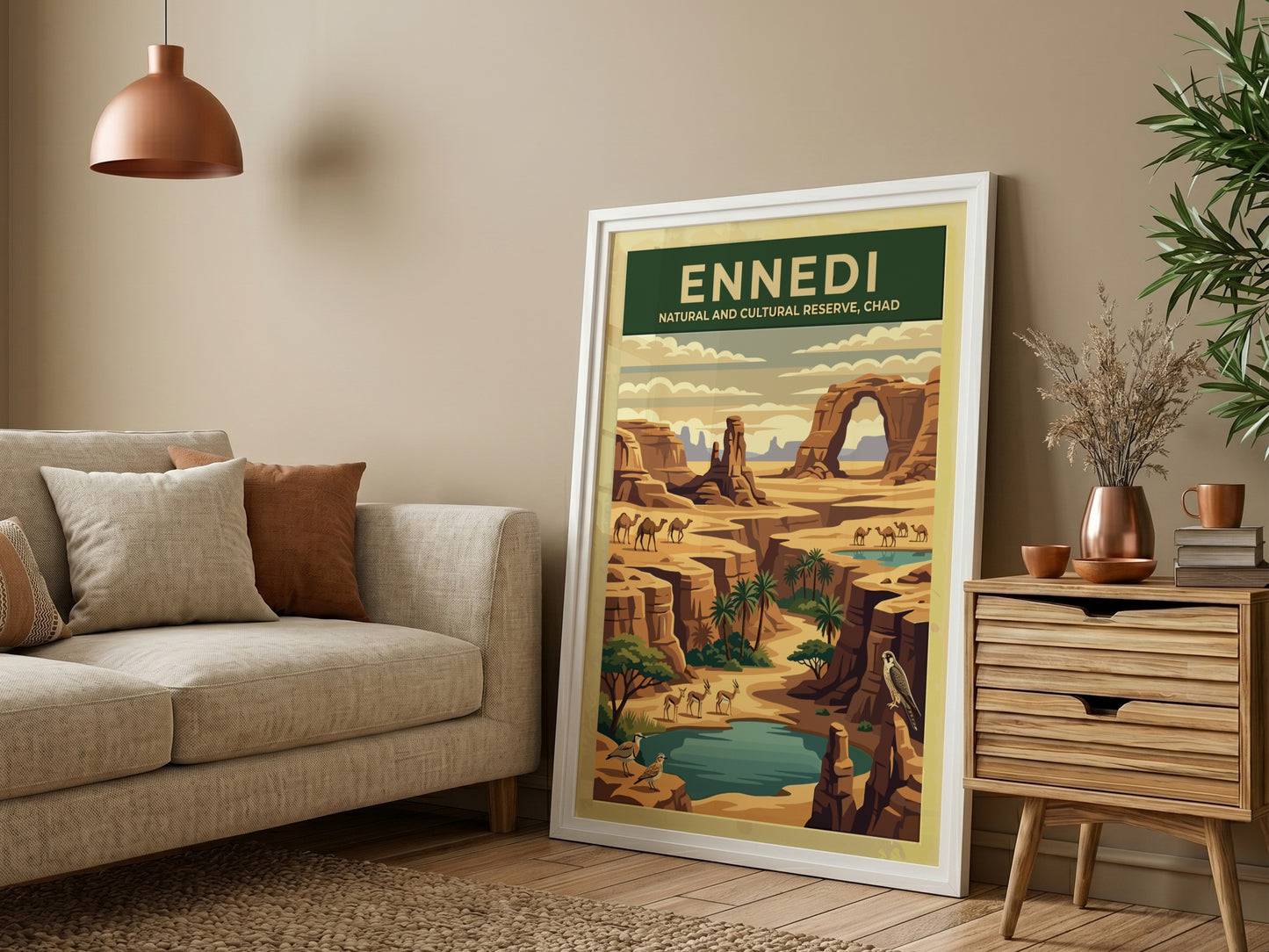Ennedi poster featuring a desert landscape with warm tones and rock formations, perfect for wall decor.