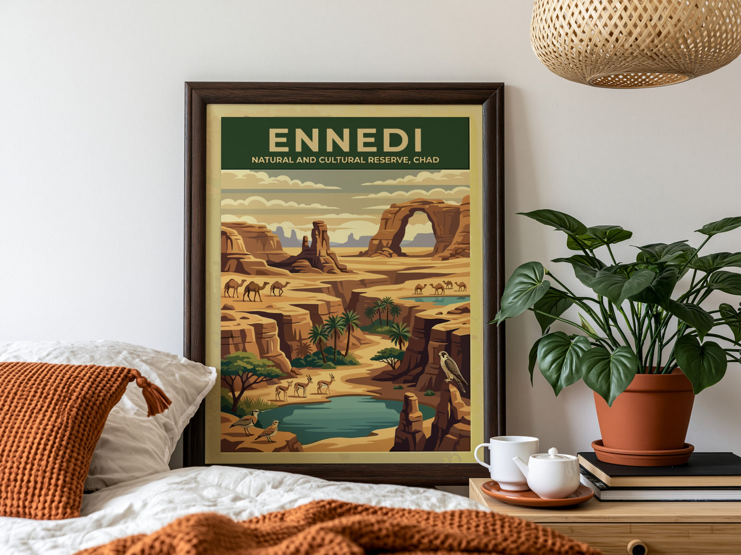Ennedi poster featuring a desert landscape with warm tones and rock formations, perfect for wall decor.