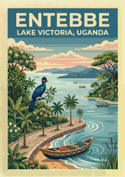 Travel poster of Entebbe Lake Victoria in Uganda featuring a bird and boats.