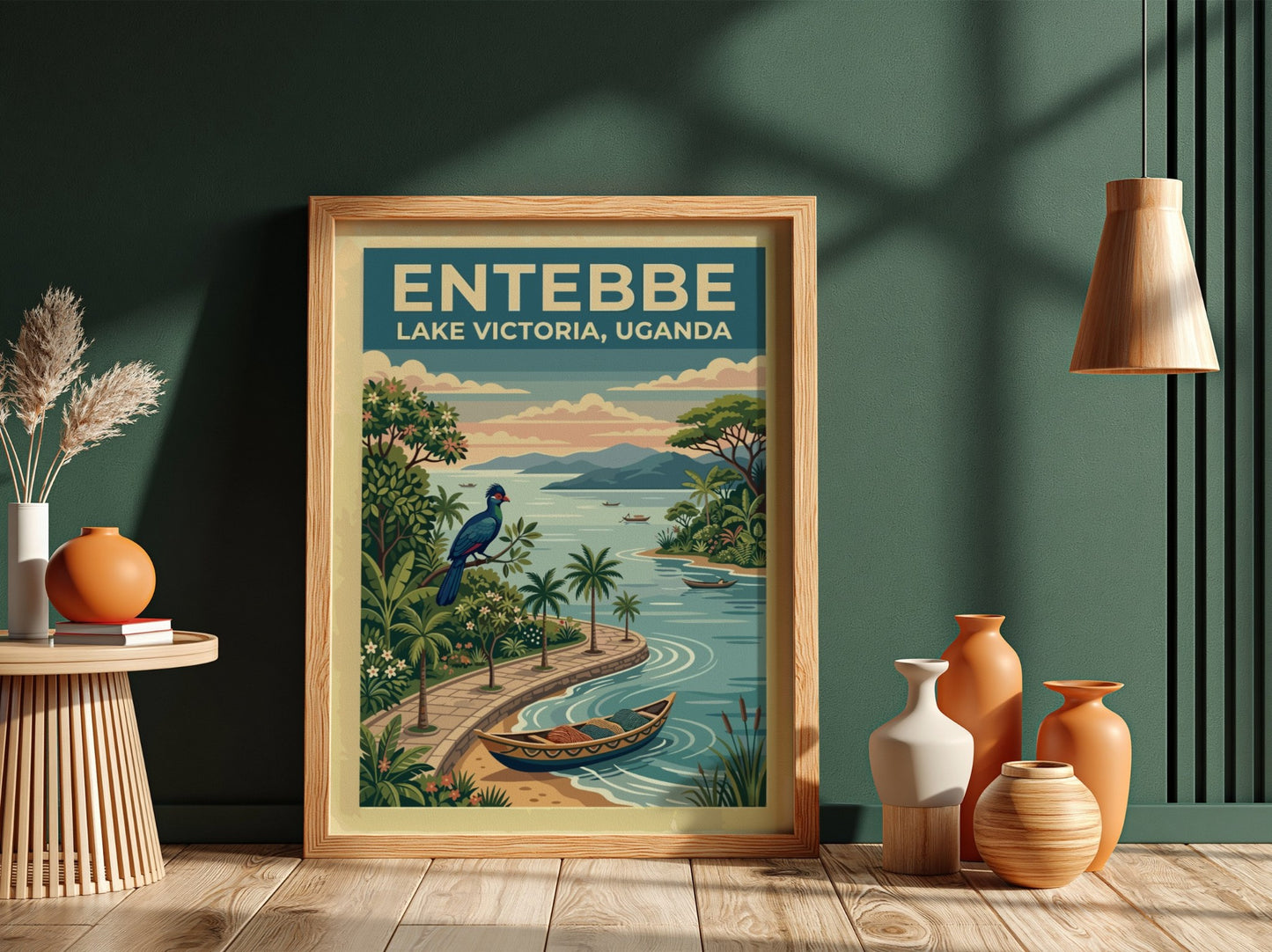Travel poster of Entebbe Lake Victoria in Uganda featuring a bird and boats.