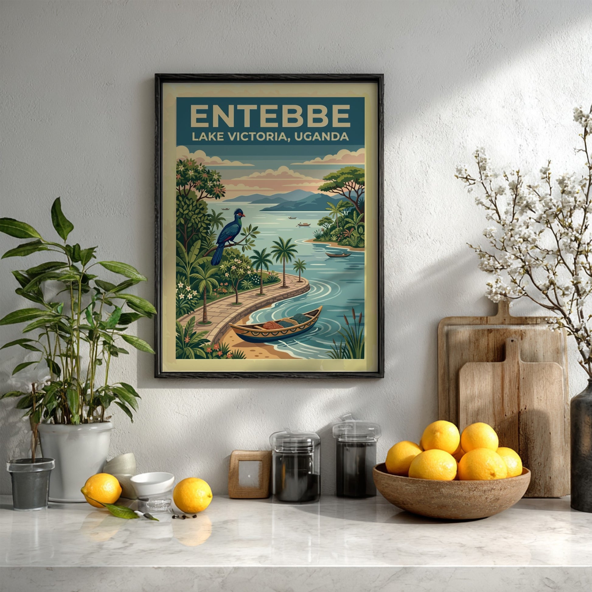 Travel poster of Entebbe Lake Victoria in Uganda featuring a bird and boats.