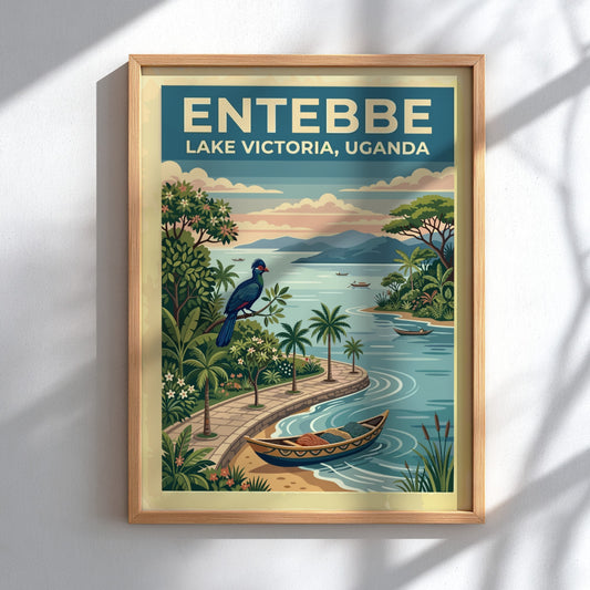 Travel poster of Entebbe Lake Victoria in Uganda featuring a bird and boats.