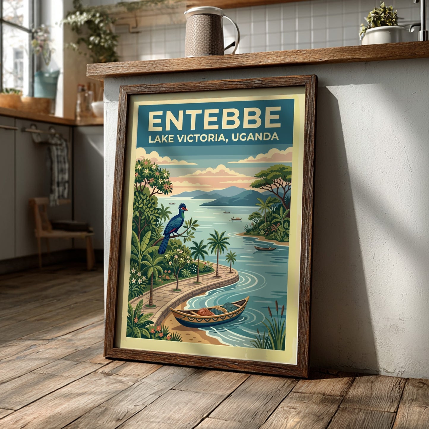 Travel poster of Entebbe Lake Victoria in Uganda featuring a bird and boats.