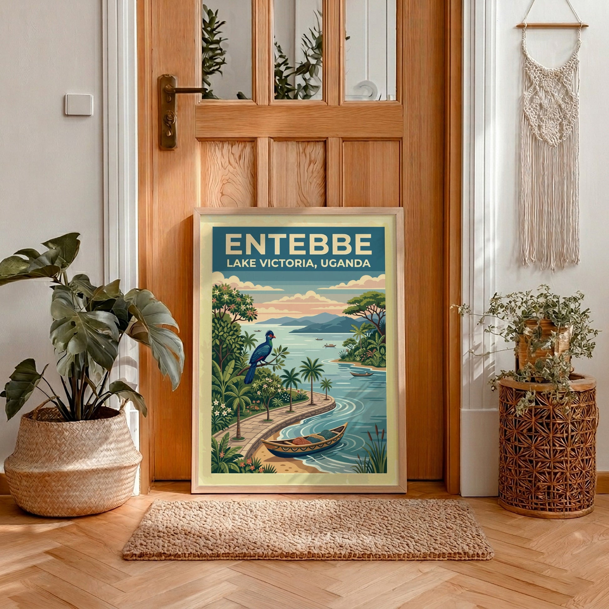 Travel poster of Entebbe Lake Victoria in Uganda featuring a bird and boats.