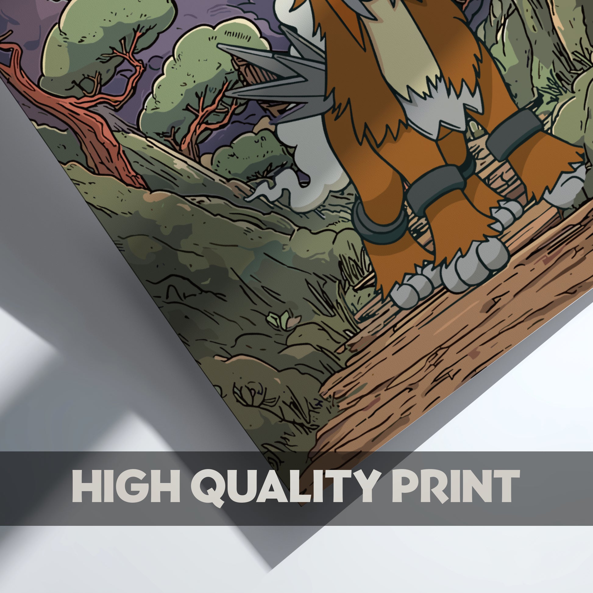 Entei Pokemon climbing a tree with a 'High Quality Print' label