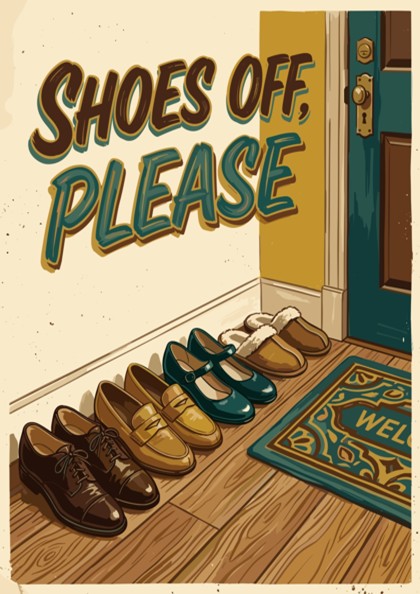 Poster featuring Shoes Off Please text above a row of loafers and slippers