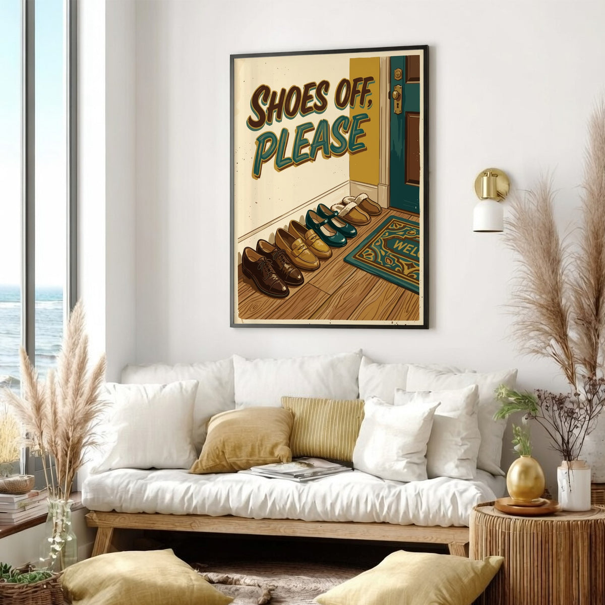 Poster featuring Shoes Off Please text above a row of loafers and slippers